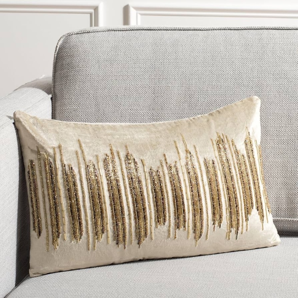 Gold Embellished Cream Throw Pillow with abstract beading